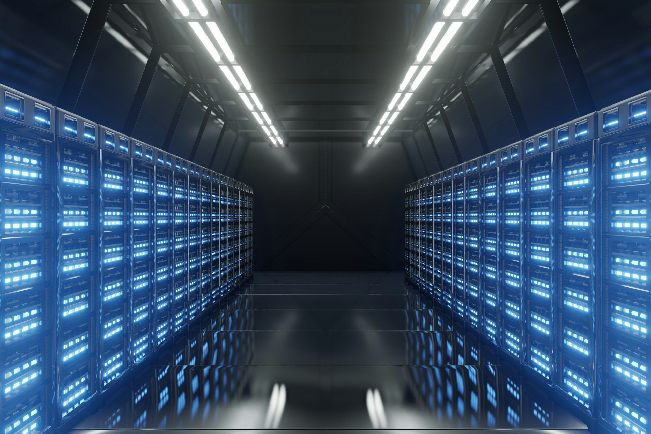 Modern data center with illuminated server racks