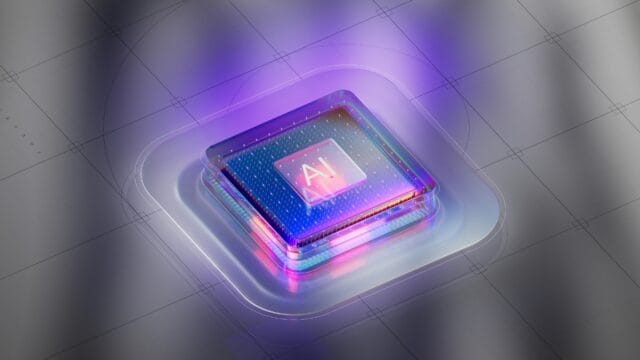 Futuristic AI microchip glowing with neon light